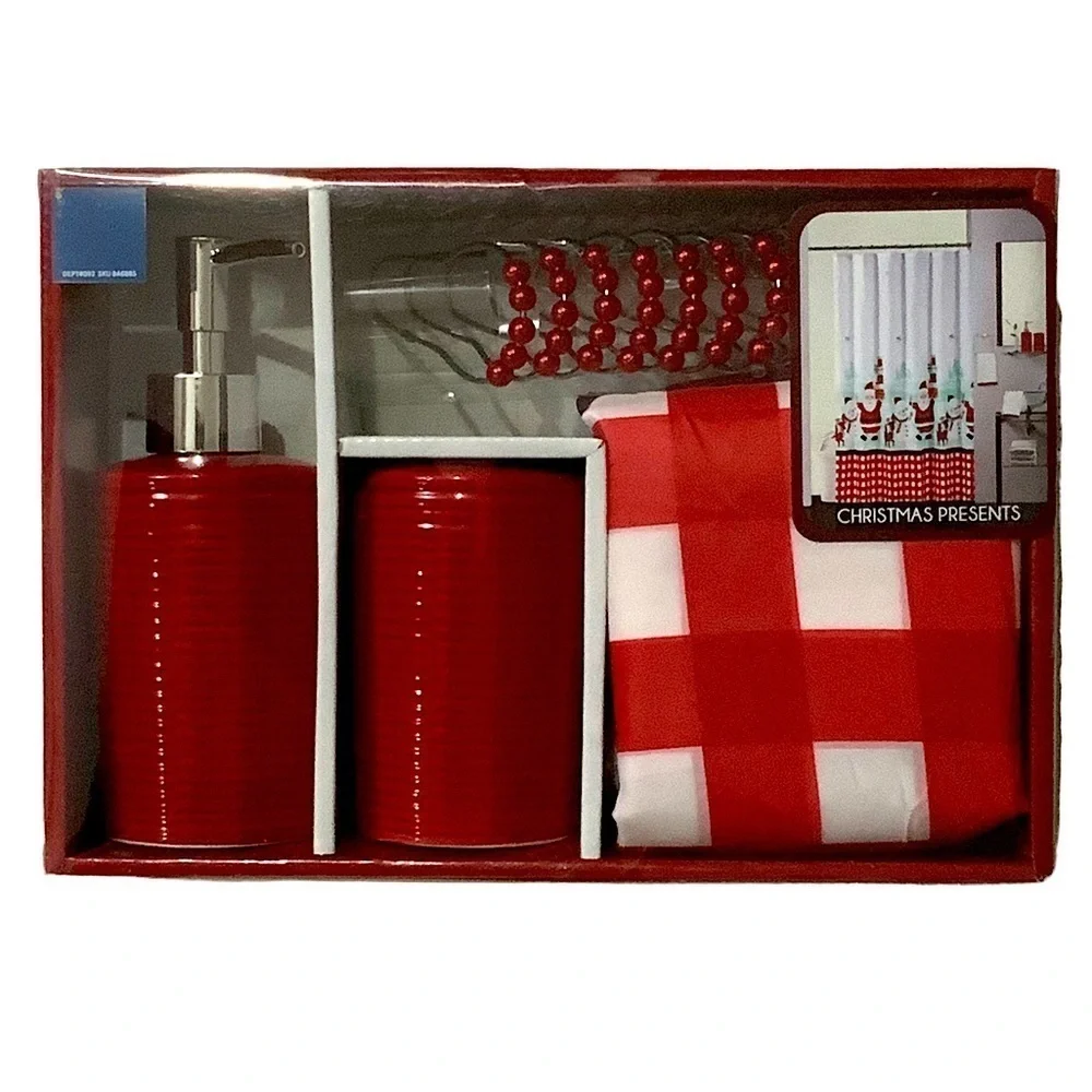 Holiday Bath Set Fabric Shower Curtain Christmas Santa Presents And Accessories